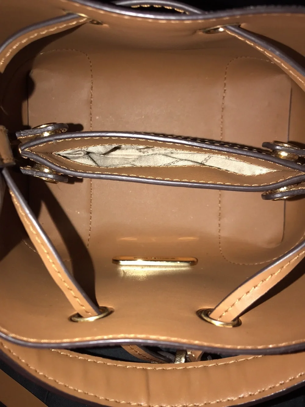 Michael Kors White & Tan Monogram Mini Drawstring Bucket Bag